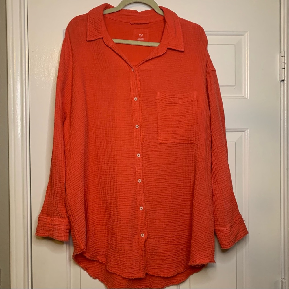 Aerie Button-Down Shirt/Dress Gauze in Bright Orange Oversized Frayed